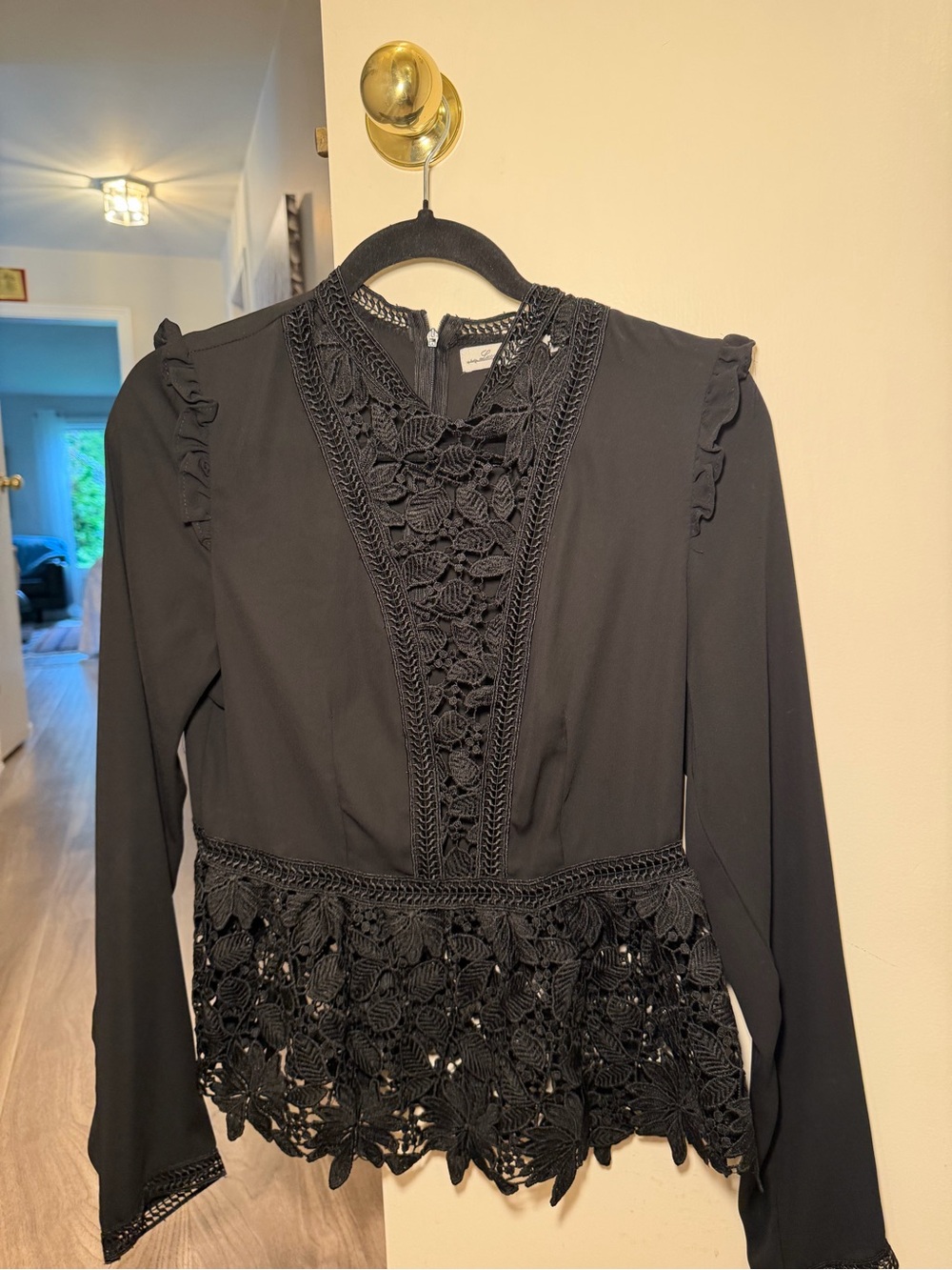 Black Lace-Trim Long Sleeve Blouse with Crochet Hem